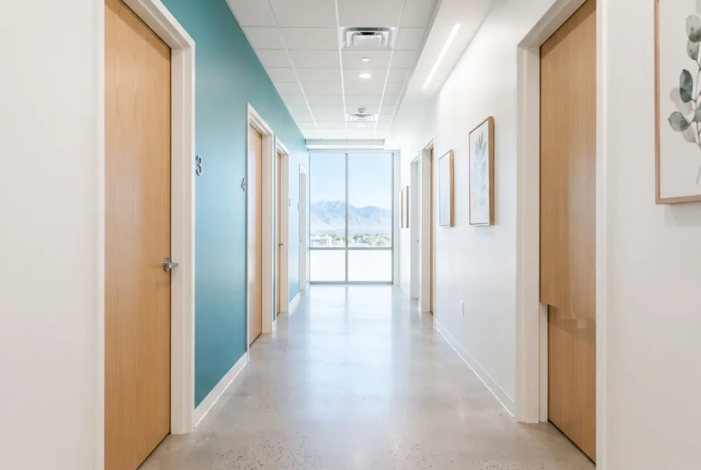 Hallway of a bright, modern dental office in Salt Lake City