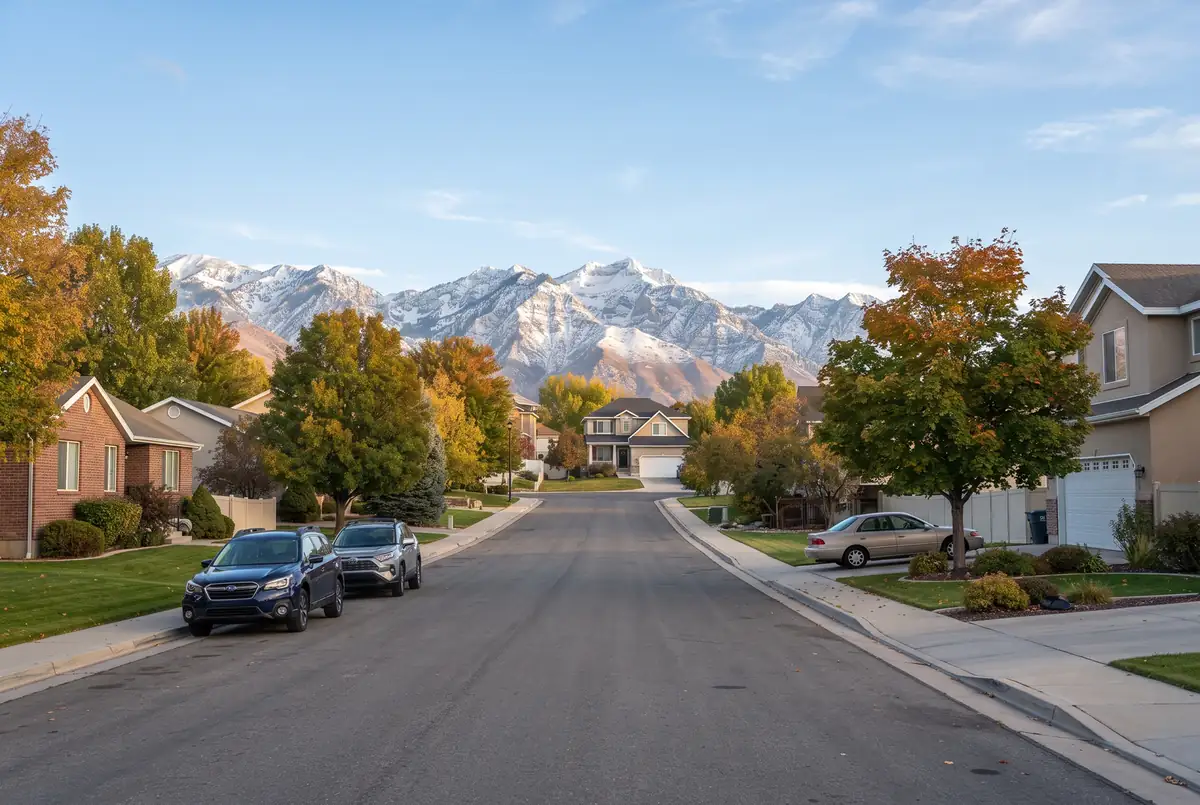 Quiet Sunday morning residential street with soft light and mountain views in Salt Lake City, Utah