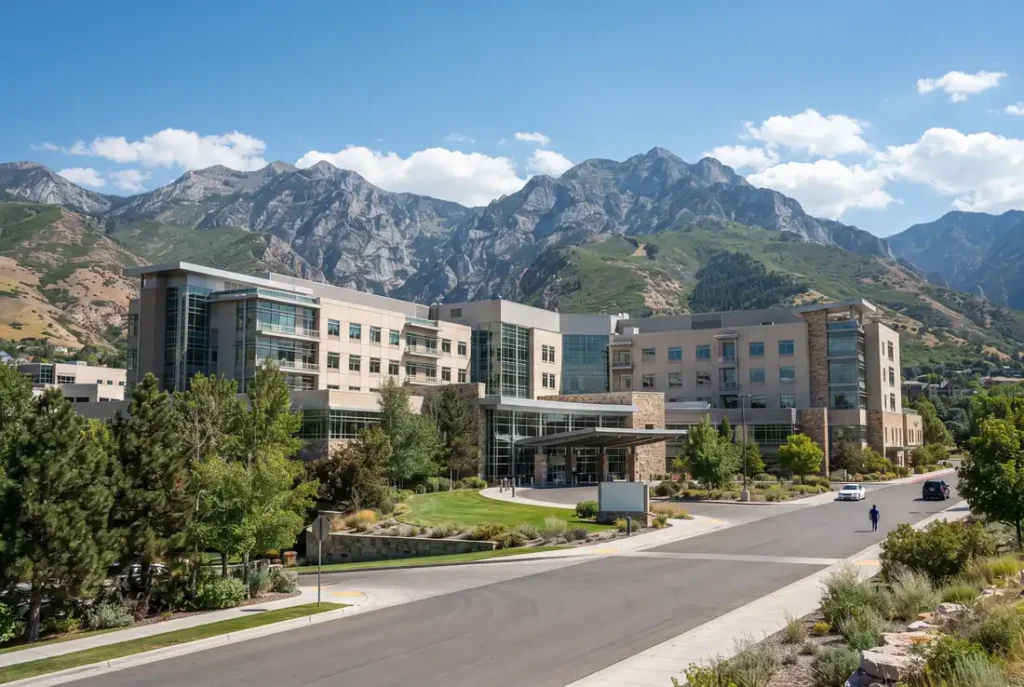 Wide exterior of a modern hospital building with mountains behind it in the Salt Lake Valley, Utah
