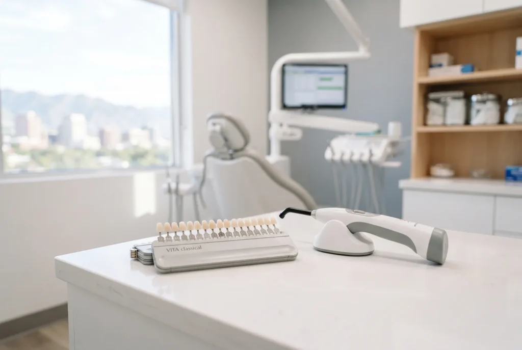 Composite shade guide and curing light in a bright Salt Lake City dental treatment room