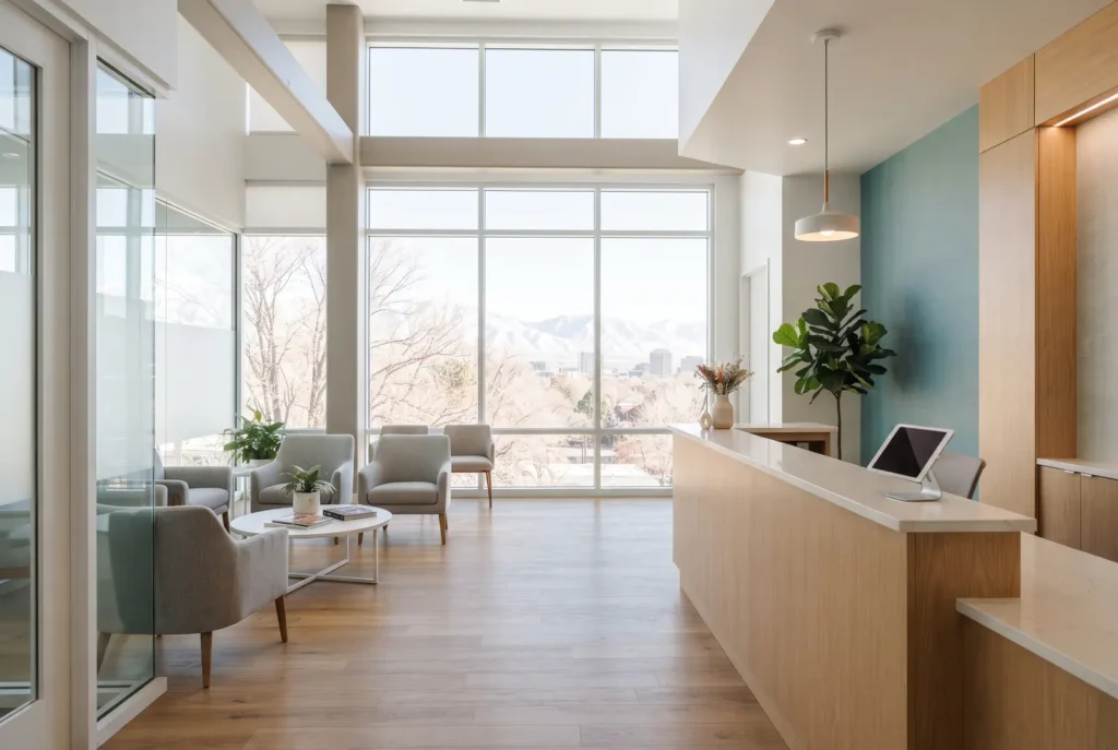 Reception desk and entrance of a bright dental office in Salt Lake City