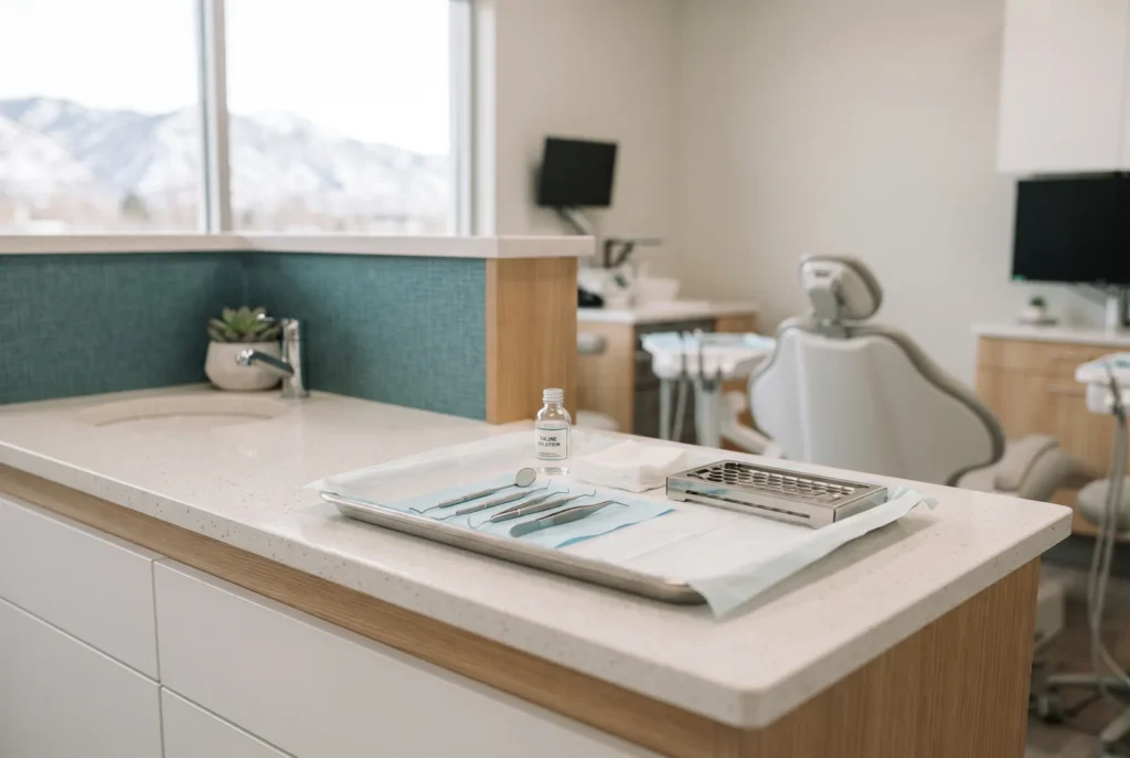 Prepared sterile tray with gauze and saline for same-day dental abscess care in Salt Lake City
