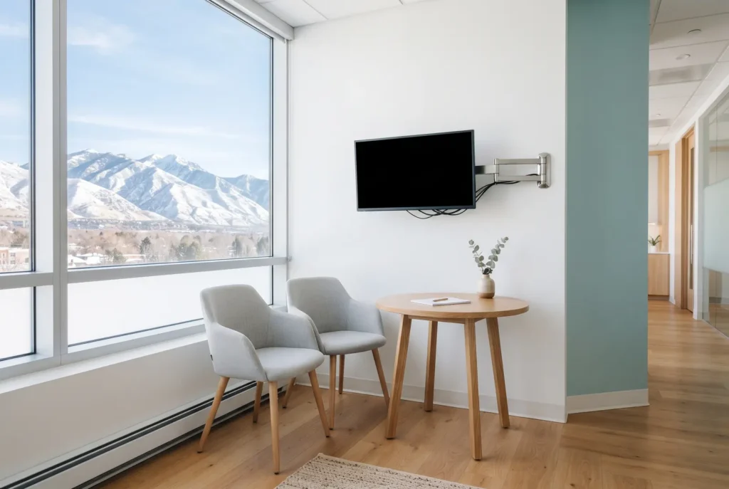 Bright dental consultation room with a monitor and chairs in Salt Lake City