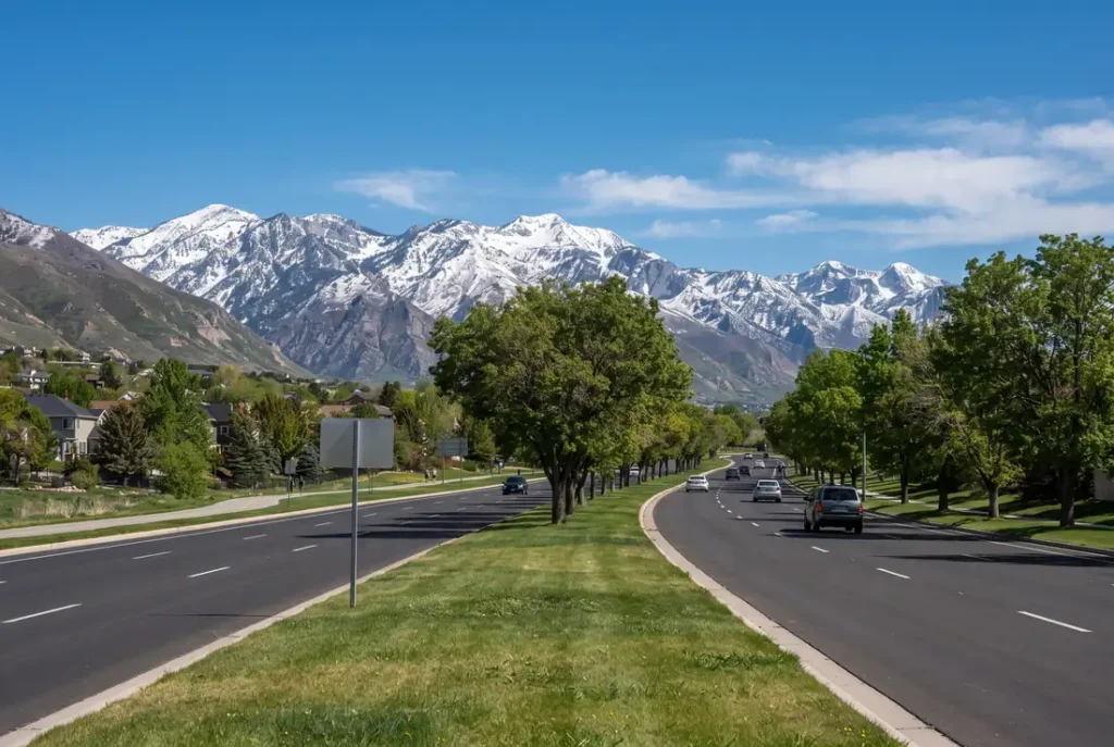 Wide valley boulevard with the snow-capped Wasatch Mountains behind it, Salt Lake Valley, Utah