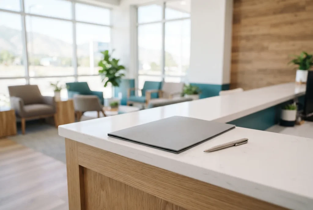 Written treatment estimate folder and pen on a front desk in a Salt Lake City dental office