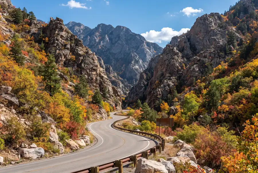 Mouth of Big Cottonwood Canyon with rocky peaks and autumn trees, Cottonwood Heights, Utah