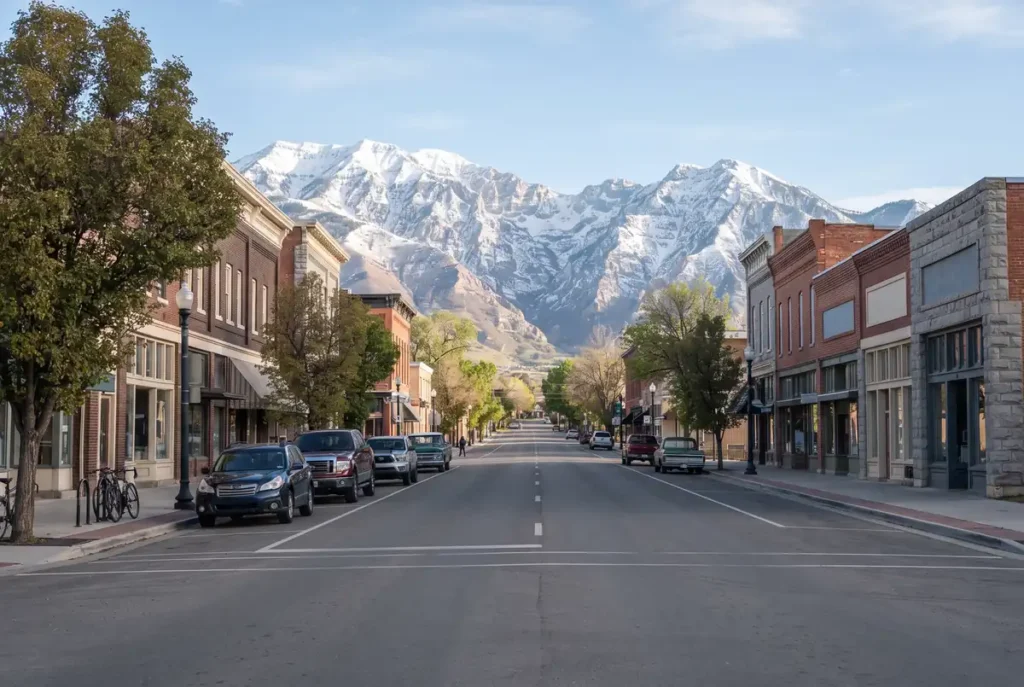 Small-town main street with brick storefronts and mountain views in Midvale, Utah