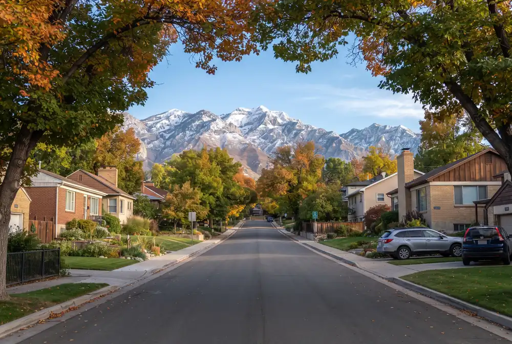 Quiet residential street with mature trees and mountain views in Millcreek, Utah