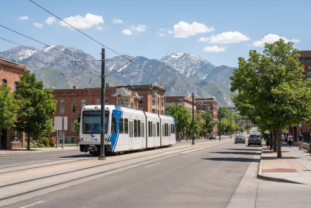Light rail train passing a tree-lined street in South Salt Lake, Utah