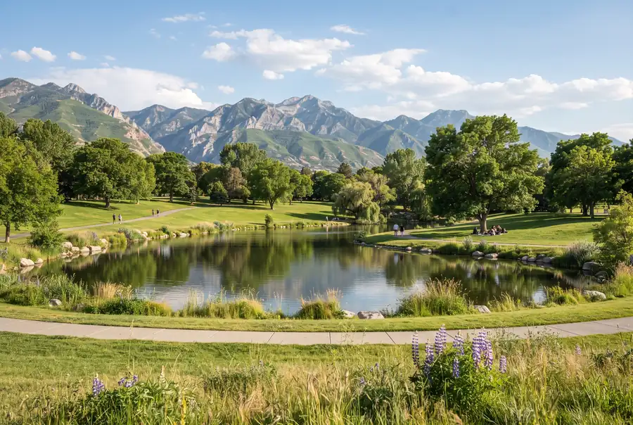 Pond and rolling lawns with mountain views in Sugar House Park, Salt Lake City