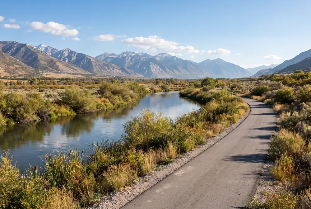 Jordan River trail with willows and a mountain horizon in Taylorsville, Utah