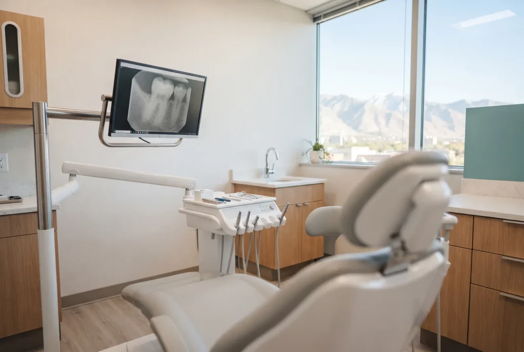 Dental X-ray on a monitor in a bright treatment room before an emergency root canal in Salt Lake City