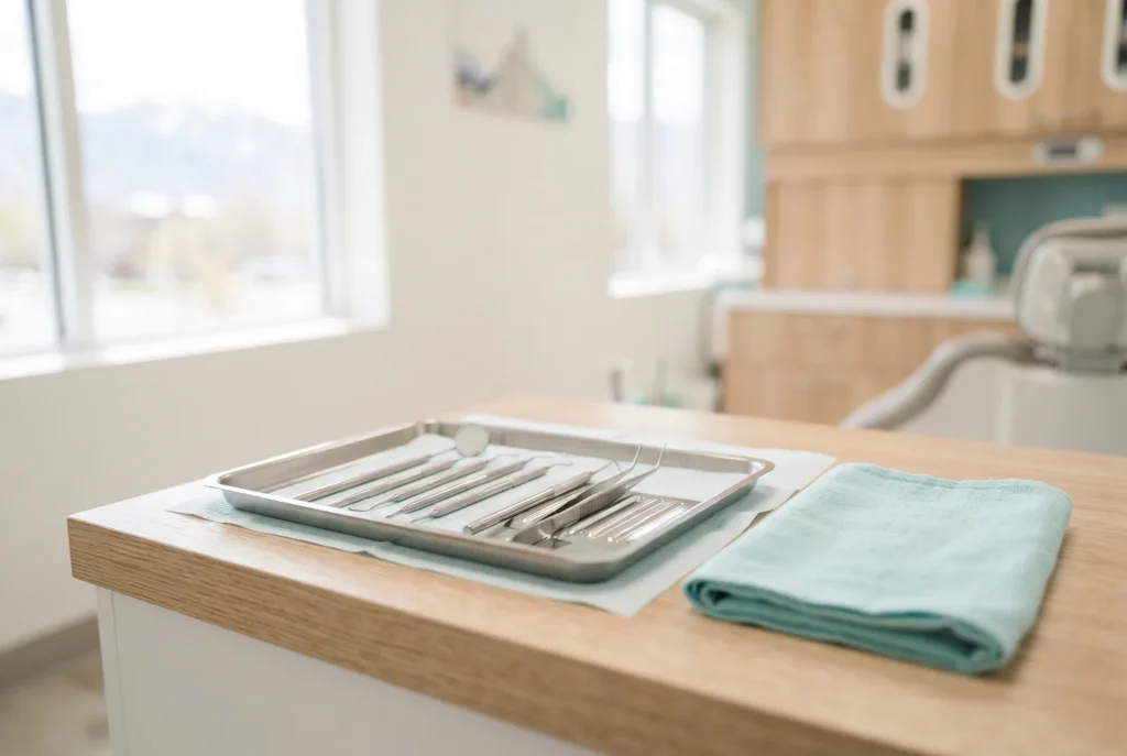 Sterile dental instruments laid out for a same-day tooth extraction in Salt Lake City