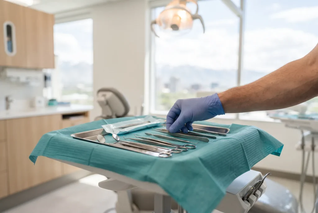 Surgical dental tray prepared for a same-day wisdom tooth extraction in Salt Lake City