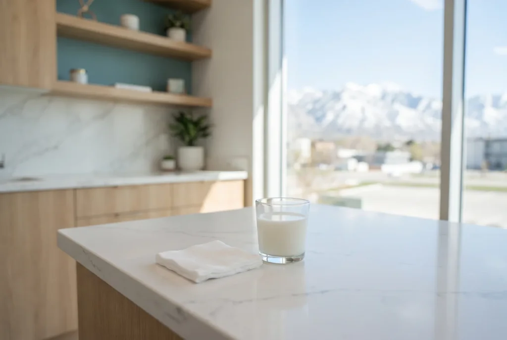 Small glass of milk and clean gauze on a kitchen counter, first aid for a knocked-out tooth near Salt Lake City