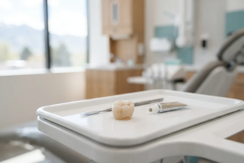 Dental crown on a clean tray beside cement in a bright Salt Lake City treatment room