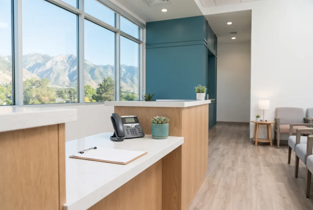 Front desk telephone and appointment clipboard in a bright Salt Lake City dental office