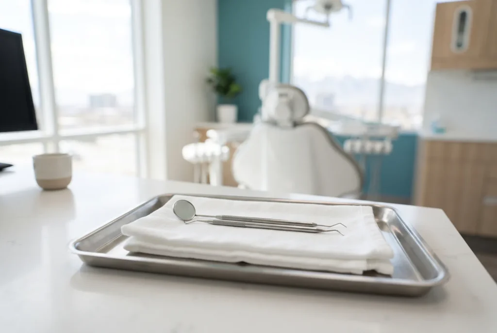 Dental mirror and explorer on a clean tray in a Salt Lake City emergency dental office