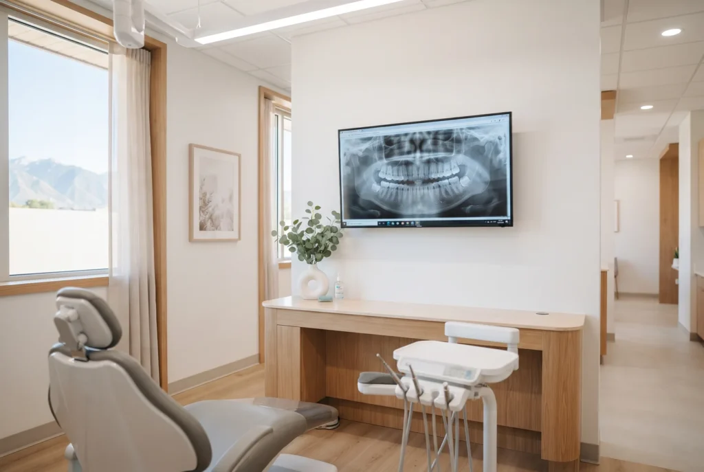 Panoramic dental X-ray showing wisdom teeth on a monitor in a Salt Lake City dental office
